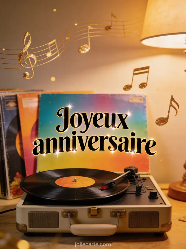 Lettres noires vintage joyeux anniversaire style disque vinyle avec platine rétro, notes de musique dorées et éclairage tamisé
