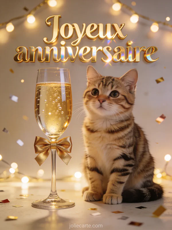 Chat tigré adorable avec noeud papillon doré à côté d’une coupe de champagne aux bulles scintillantes et guirlandes lumineuses