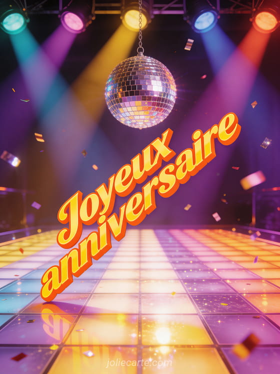 Lettres orange et jaune rétro 70s joyeux anniversaire avec boule à facettes disco, sol lumineux et spots colorés