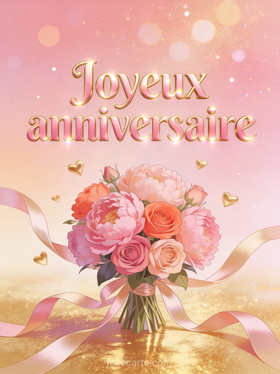 Bouquet de pivoines et roses dans les tons rose et corail avec rubans de satin sur fond rose et doré avec coeurs dorés flottants