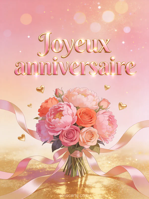 Bouquet de pivoines et roses dans les tons rose et corail avec rubans de satin sur fond rose et doré avec coeurs dorés flottants