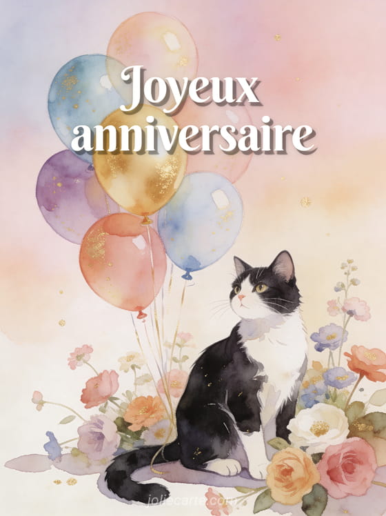 Illustration aquarelle d'un chat noir et blanc élégant avec ballons colorés et fleurs sur fond pastel doux
