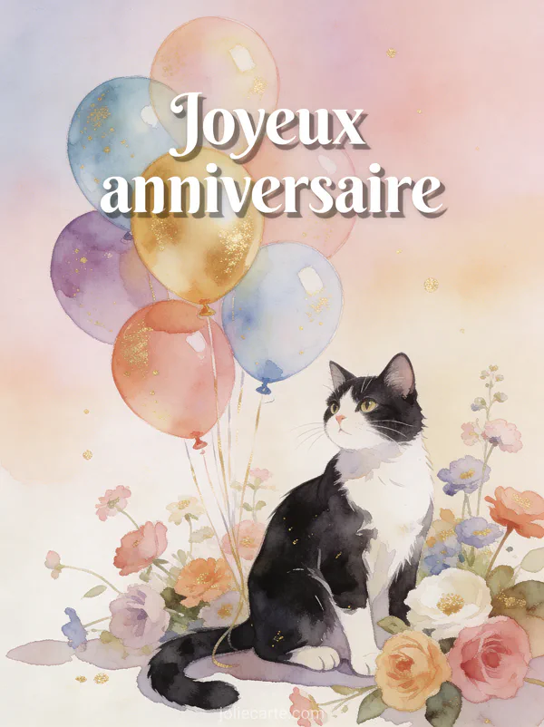 Illustration aquarelle d'un chat noir et blanc élégant avec ballons colorés et fleurs sur fond pastel doux