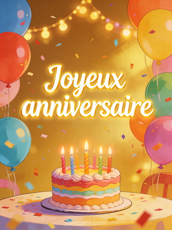 Gâteau d’anniversaire coloré avec bougies allumées sur table festive, ballons multicolores et confettis volants avec guirlandes lumineuses