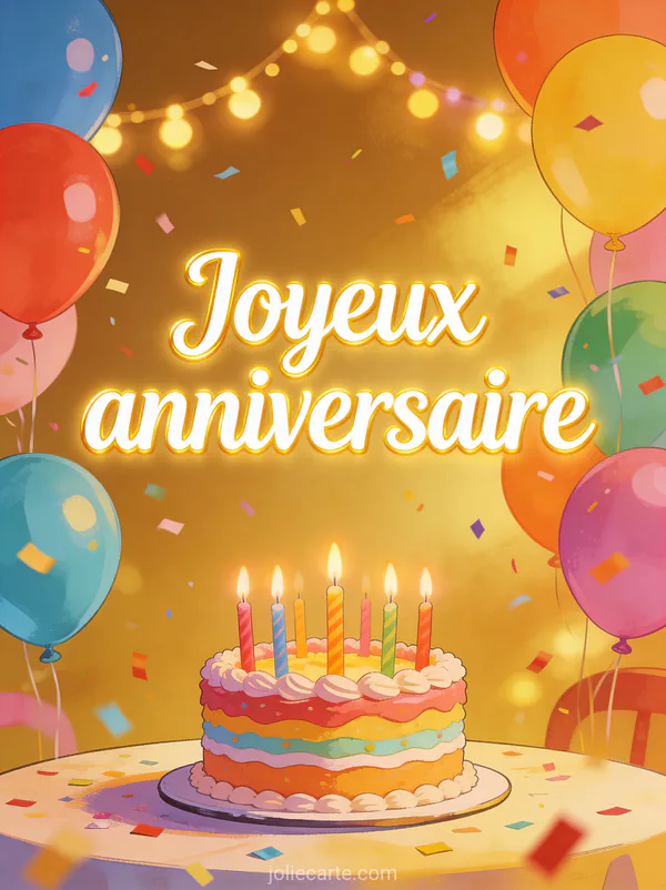 Gâteau d’anniversaire coloré avec bougies allumées sur table festive, ballons multicolores et confettis volants avec guirlandes lumineuses