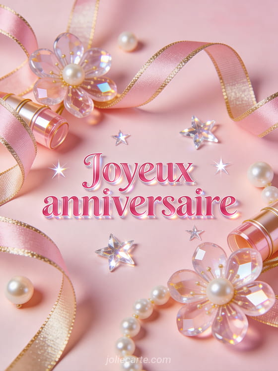 Lettres roses brillantes joyeux anniversaire avec rubans roses et dorés, fleurs scrapbooking, perles nacrées et étoiles transparentes