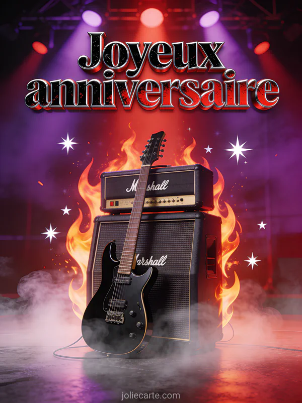 Guitare électrique noire contre un ampli Marshall avec éclairage de scène rouge et violet, flammes stylisées et fumée légère