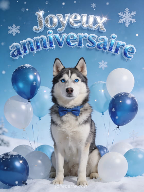 Magnifique chien husky aux yeux bleus avec noeud papillon bleu, ballons bleus et blancs, neige scintillante et lumière hivernale
