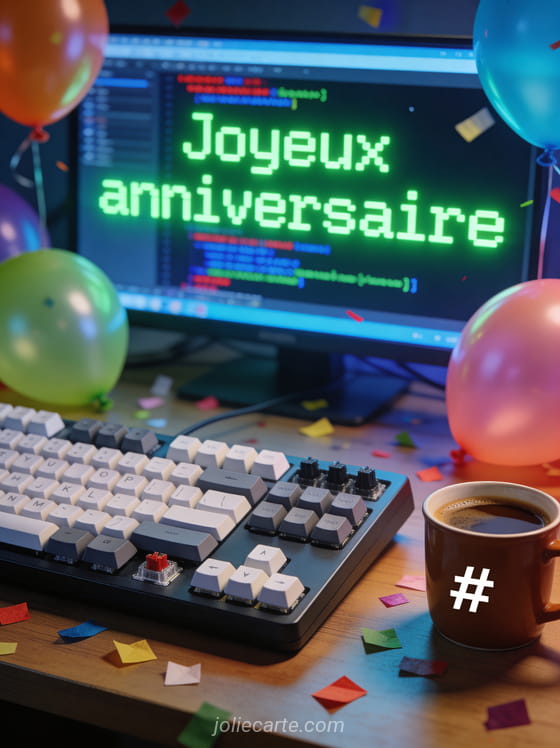 Typographie monospace verte style terminal joyeux anniversaire avec écran de code, clavier mécanique, tasse café et ballons