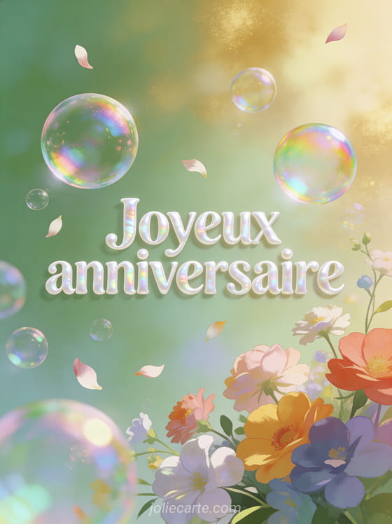 Fleurs colorées entourées de bulles de savon iridescentes avec reflets arc-en-ciel et lumière douce du matin sur fond vert et doré