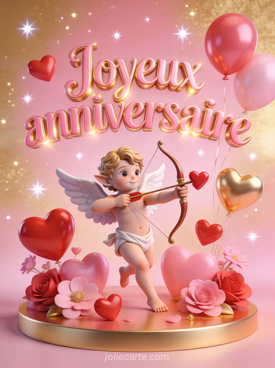 Illustration 3D d'un cupidon ailé mignon avec arc et flèche en coeur, coeurs roses et rouges, ballons et fond doré scintillant