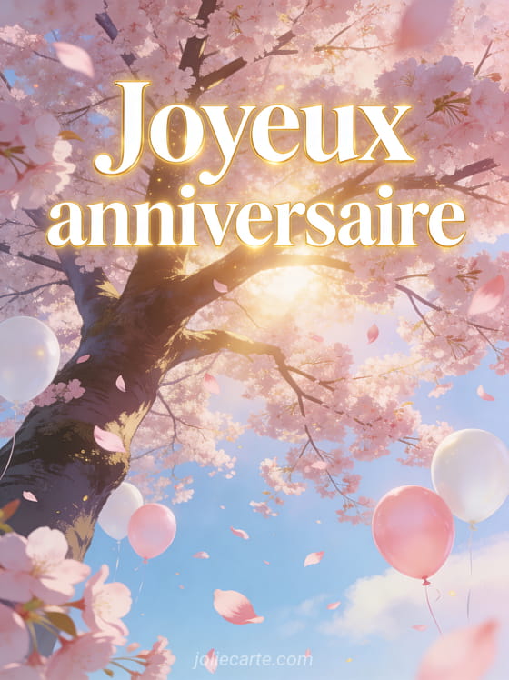 Lettres blanches dorées joyeux anniversaire sous cerisier en fleurs avec pétales roses, ballons et ciel bleu pastel