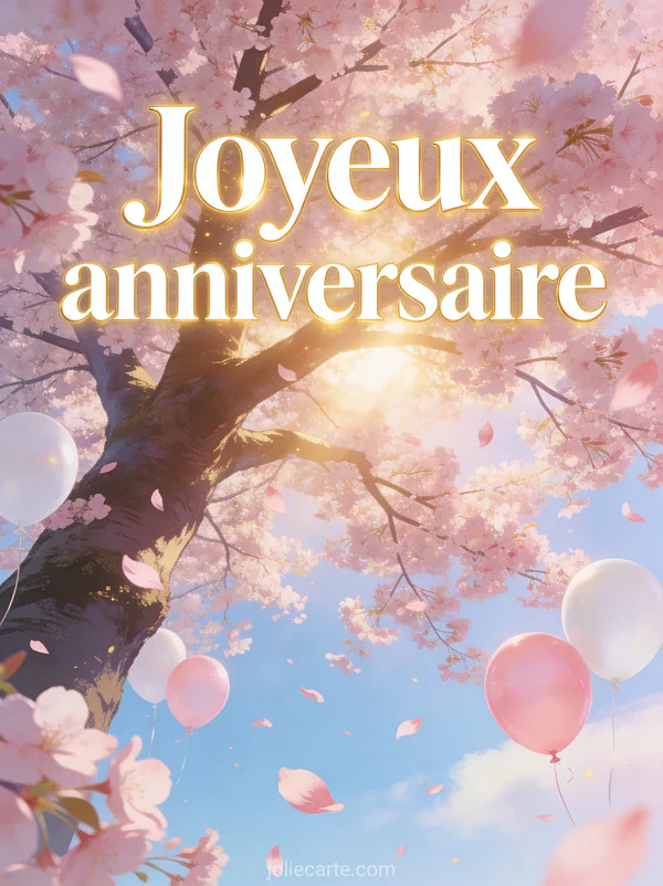 Lettres blanches dorées joyeux anniversaire sous cerisier en fleurs avec pétales roses, ballons et ciel bleu pastel