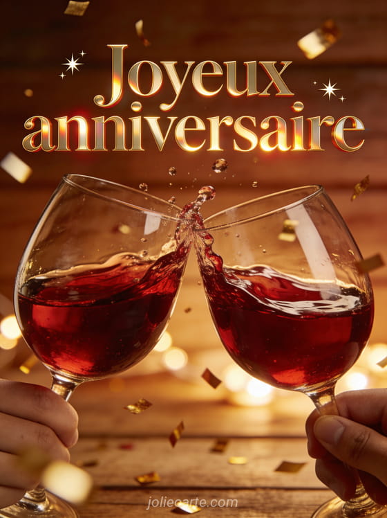 Deux verres de vin rouge trinquant avec éclaboussures festives, fond chaleureux de bois et lumières tamisées avec confettis dorés