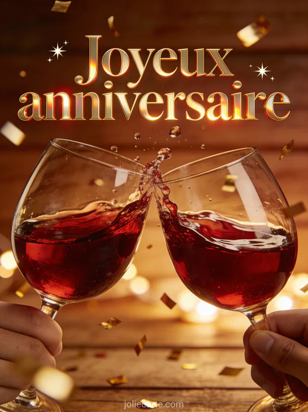 Deux verres de vin rouge trinquant avec éclaboussures festives, fond chaleureux de bois et lumières tamisées avec confettis dorés