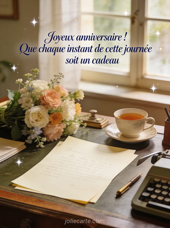 Texte manuscrit élégant joyeux anniversaire sur papier crème avec bureau vintage, bouquet de fleurs, tasse de thé et lumière douce