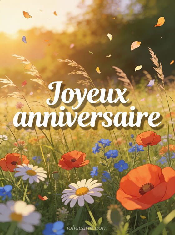 Fleurs sauvages dans un pré verdoyant avec coquelicots, marguerites et bleuets sous la lumière dorée du soleil couchant