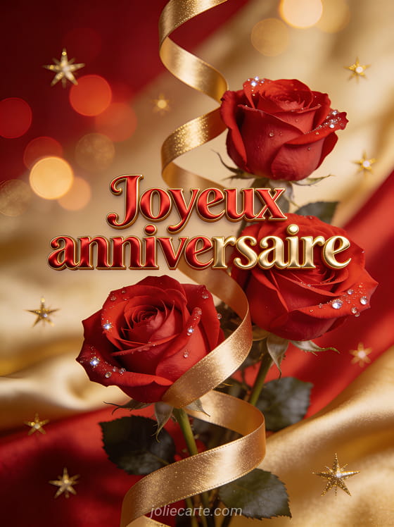 Lettres rouges et or joyeux anniversaire avec roses rouges épanouies, gouttes de rosée, ruban doré en spirale et bokeh lumineux