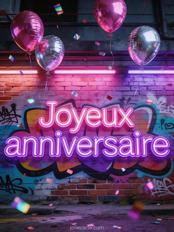 Ambiance urbaine avec lumières néon rose et violet, mur de briques avec graffiti festif, ballons métalliques roses et argentés