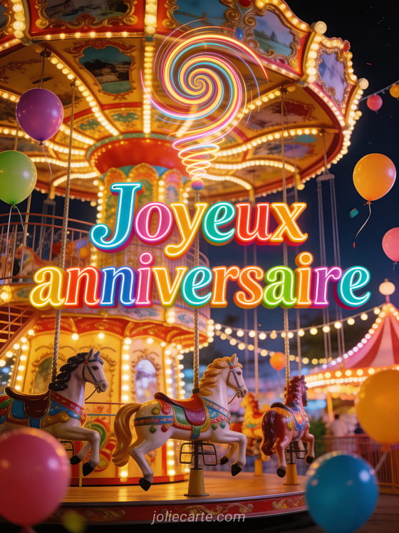 Lettres colorées tournoyantes joyeux anniversaire avec carrousel enchanté, chevaux de manège, guirlandes et ballons sur fond de fête foraine