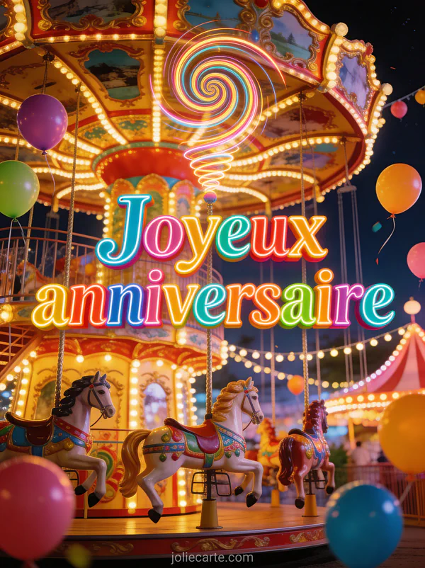 Lettres colorées tournoyantes joyeux anniversaire avec carrousel enchanté, chevaux de manège, guirlandes et ballons sur fond de fête foraine