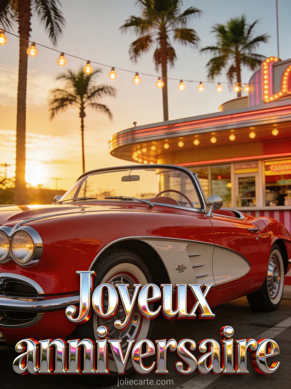 Voiture américaine rouge décapotable des années 50 garée devant un diner vintage au coucher du soleil avec palmiers et guirlandes lumineuses