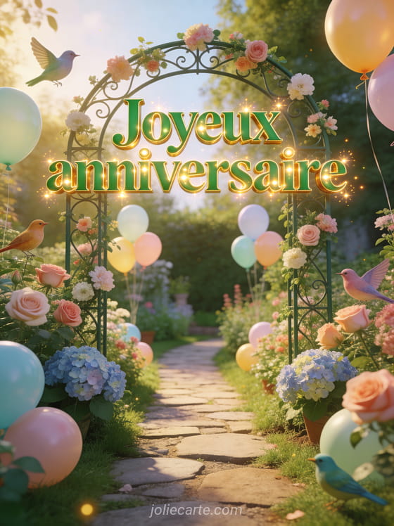 Lettres vertes et dorées joyeux anniversaire dans jardin anglais avec roses, hortensias, arche en fer forgé et oiseaux colorés