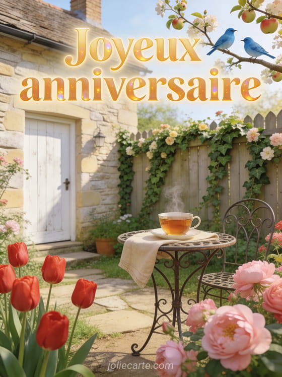 Cottage anglais avec jardin fleuri, tasse de thé fumante sur petite table en fer forgé, lumière douce d’après-midi et fleurs grimpantes