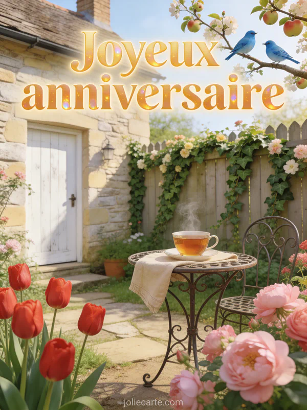 Cottage anglais avec jardin fleuri, tasse de thé fumante sur petite table en fer forgé, lumière douce d’après-midi et fleurs grimpantes