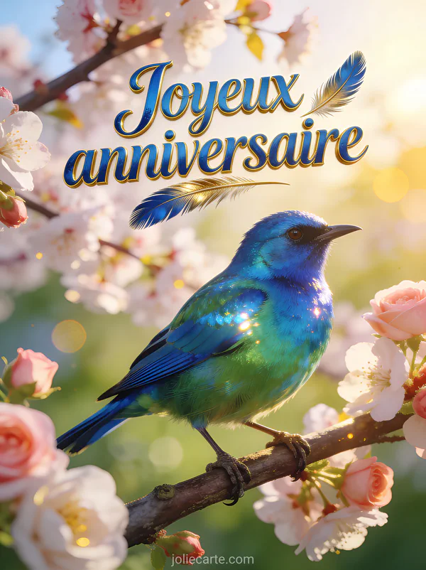 Oiseau coloré au plumage bleu et vert perché sur branche de cerisier en fleurs, lumière dorée du matin et bokeh doux