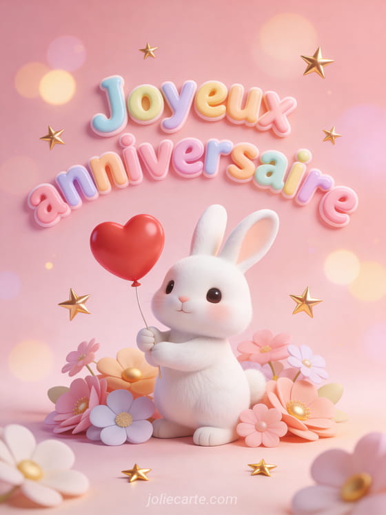 Petit lapin blanc 3D tenant un ballon en forme de coeur rouge entouré de fleurs pastel et étoiles dorées sur fond rose tendre