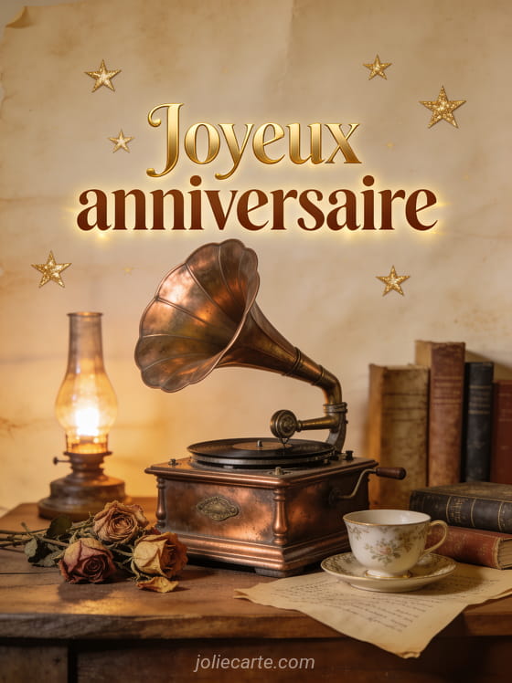 Lettres sépia dorées joyeux anniversaire avec gramophone ancien, roses séchées, tasse de porcelaine et livres anciens en lumière ambre