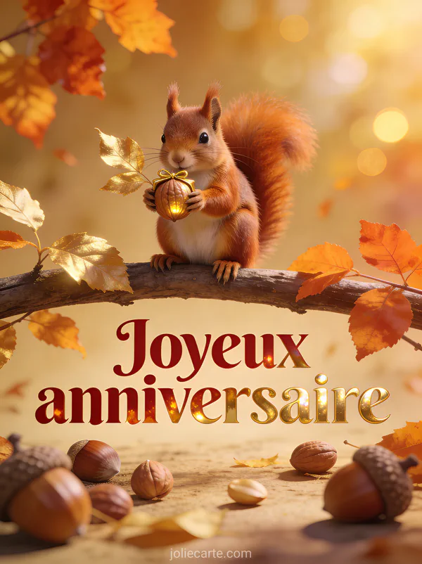 Écureuil roux tenant une petite noisette dorée sur une branche avec feuilles dorées et orangées et lumière automnale chaude