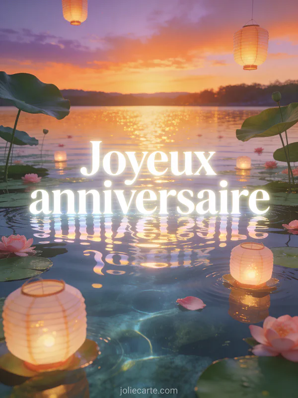 Lettres blanches lumineuses joyeux anniversaire au-dessus d'un lac calme au coucher du soleil avec nénuphars et lanternes flottantes