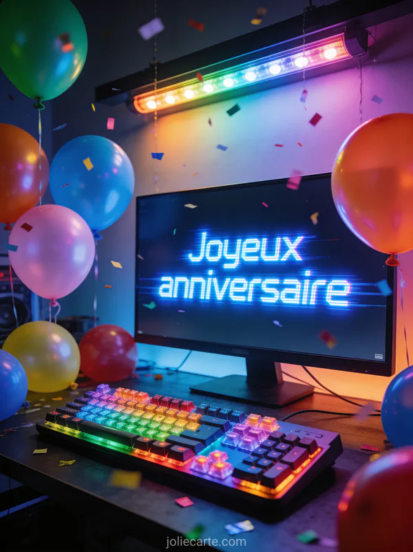 Clavier mécanique rétroéclairé RGB coloré sur bureau gaming avec ballons et confettis autour de l’écran et lumières LED