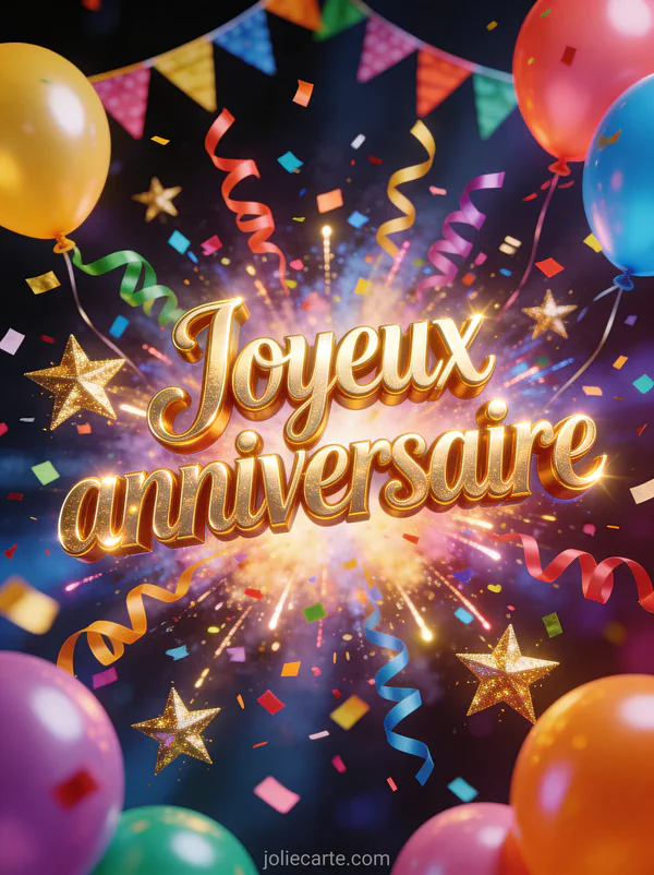 Lettres dorées festives joyeux anniversaire avec explosion de confettis multicolores, serpentins, ballons et étoiles scintillantes