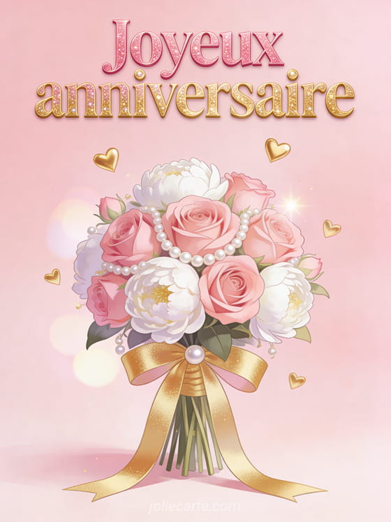 Roses roses et pivoines blanches avec perles et rubans dorés sur fond rose poudré avec coeurs dorés flottants et bokeh lumineux