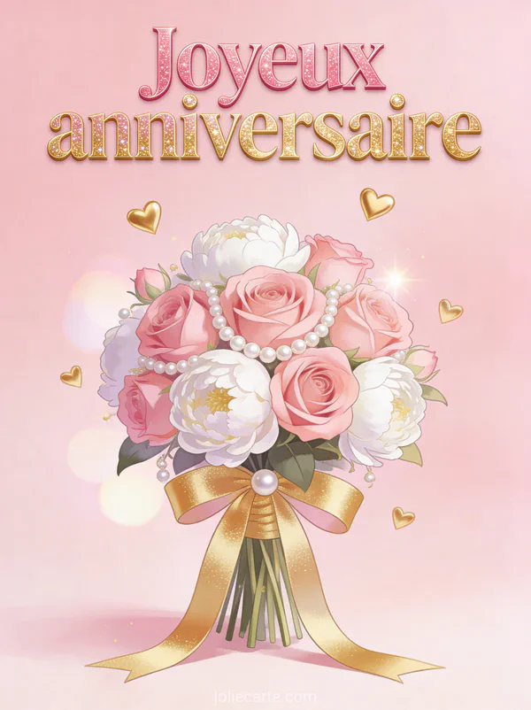 Roses roses et pivoines blanches avec perles et rubans dorés sur fond rose poudré avec coeurs dorés flottants et bokeh lumineux