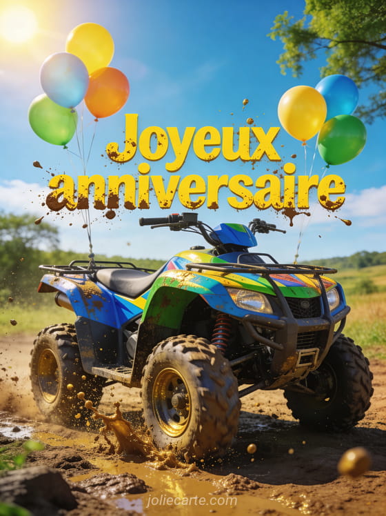 Lettres jaunes vives joyeux anniversaire avec quad tout-terrain dans un paysage de campagne, éclaboussures de terre et ballons colorés