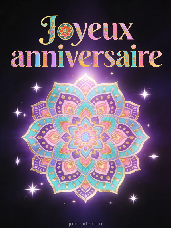 Mandala coloré aux tons violet, turquoise, or et rose avec motifs géométriques détaillés et étoiles scintillantes sur fond sombre