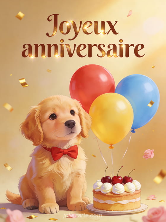 Petit chien golden retriever adorable avec noeud papillon rouge, ballons colorés, gâteau d'anniversaire et lumière dorée
