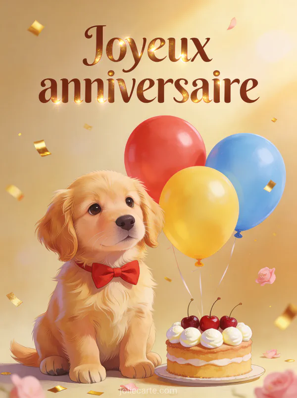 Petit chien golden retriever adorable avec noeud papillon rouge, ballons colorés, gâteau d'anniversaire et lumière dorée