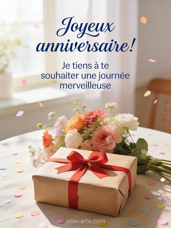 Cadeau emballé dans du papier kraft avec noeud rouge sur table avec fleurs fraîches, lumière douce matinale et confettis pastel