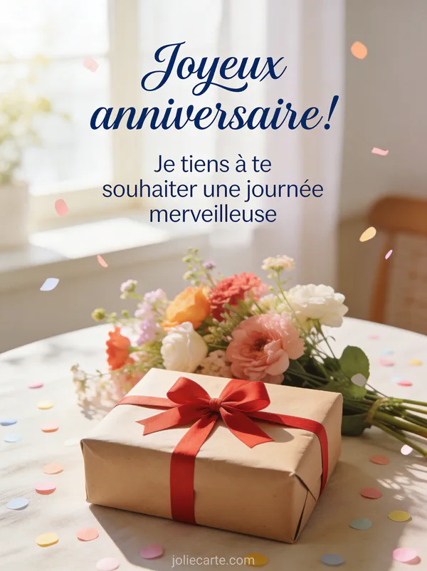 Cadeau emballé dans du papier kraft avec noeud rouge sur table avec fleurs fraîches, lumière douce matinale et confettis pastel