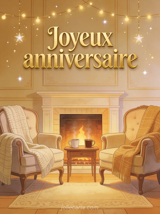 Lettres dorées classiques joyeux anniversaire avec fauteuils vintage devant cheminée, couvertures en laine, tasses fumantes et guirlandes