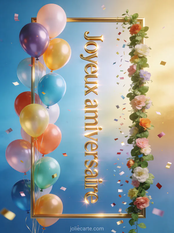 Ballons colorés montant le long du cadre avec guirlande de fleurs verticale sur fond dégradé bleu ciel et doré avec confettis