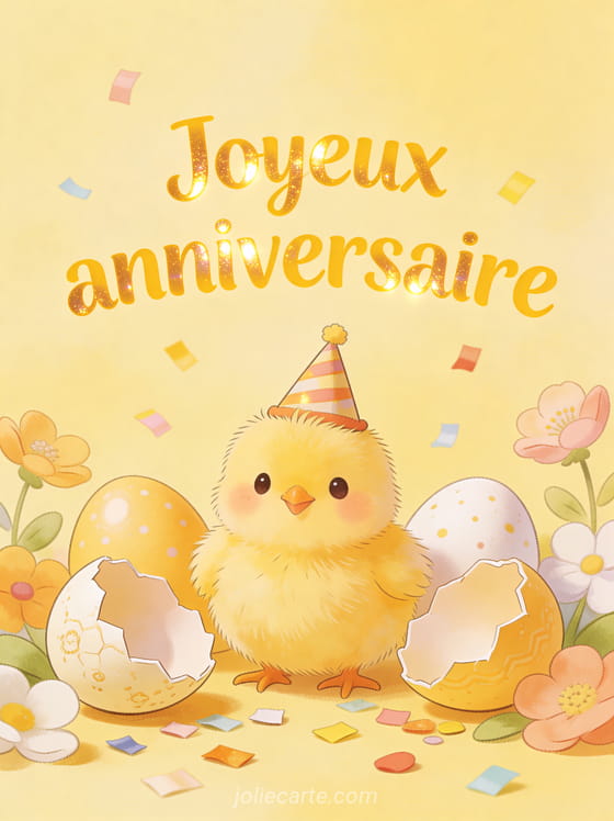 Illustration d'un petit poussin jaune duveteux avec chapeau de fête miniature, coquilles d'oeuf, confettis et fleurs printanières