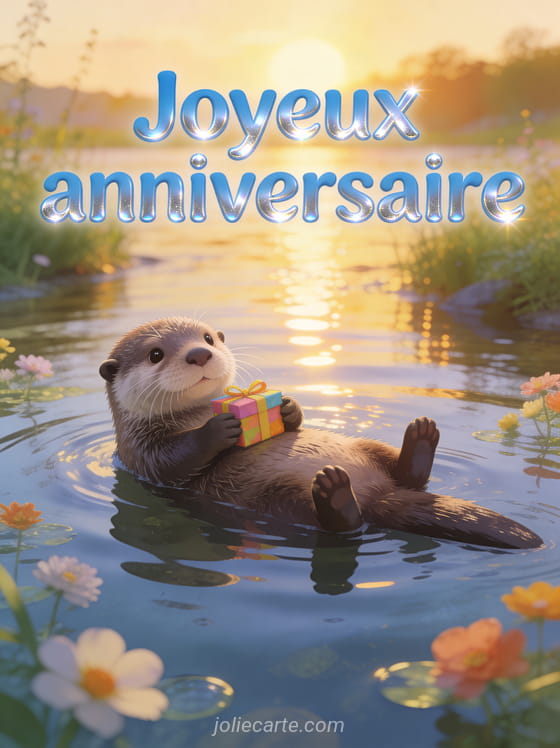 Loutre adorable flottant sur le dos dans une rivière calme tenant un petit cadeau coloré avec lumière dorée du soleil couchant