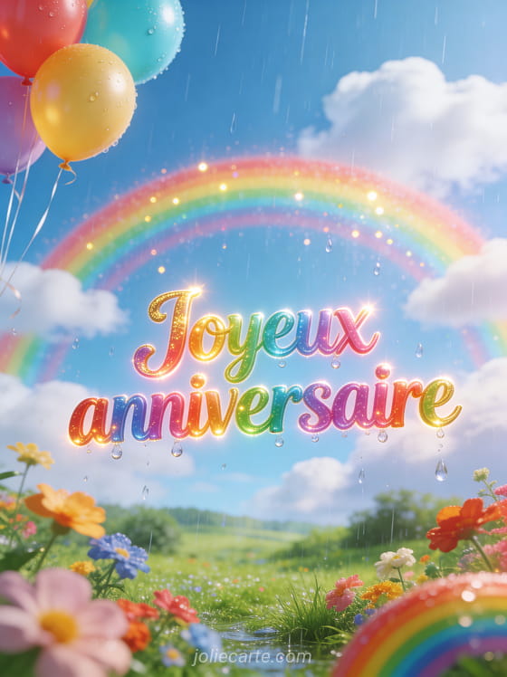 Lettres arc-en-ciel multicolores joyeux anniversaire avec grand arc-en-ciel au-dessus d'un paysage verdoyant, fleurs et ballons colorés