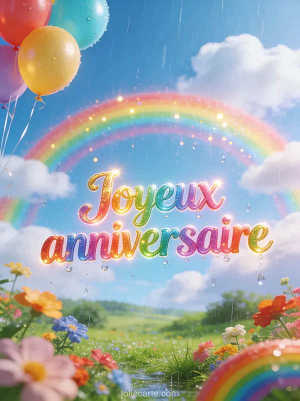 Lettres arc-en-ciel multicolores joyeux anniversaire avec grand arc-en-ciel au-dessus d'un paysage verdoyant, fleurs et ballons colorés